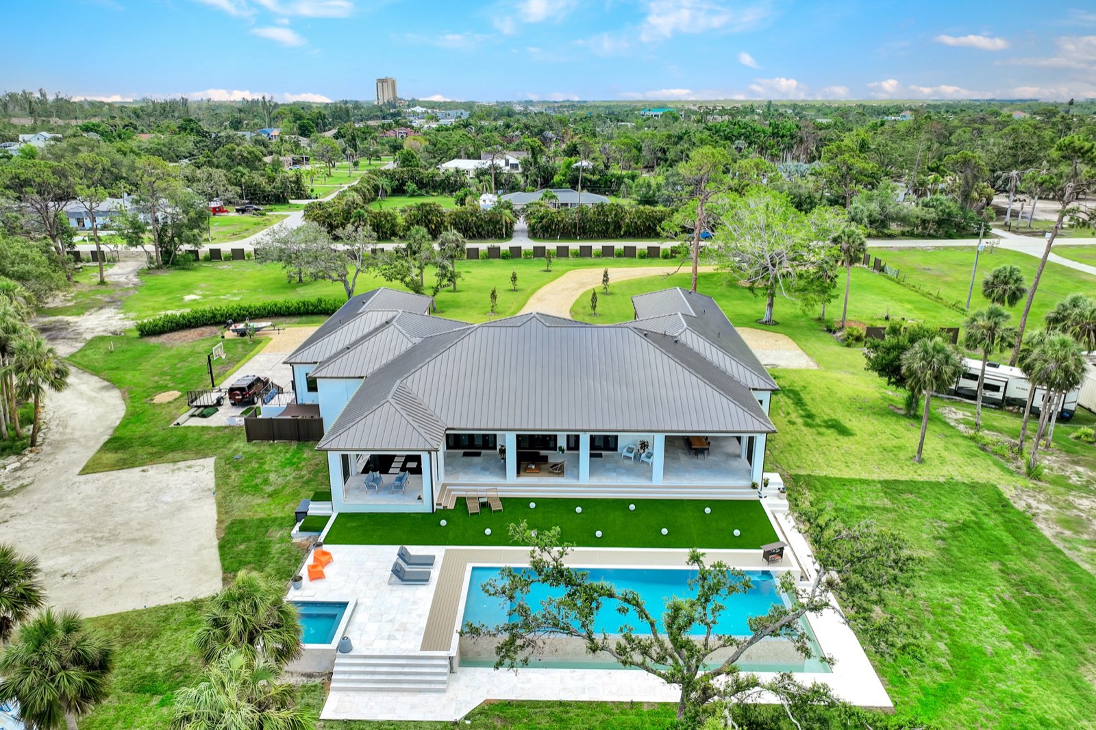 Aerial view of a metal roof on a Southwest Florida estate
